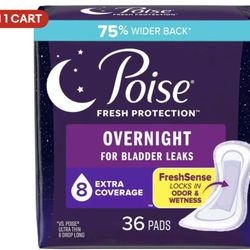 Poise Incontinence Pads for Women, 8 Drop, Overnight Absorbency, Extra-Coverage