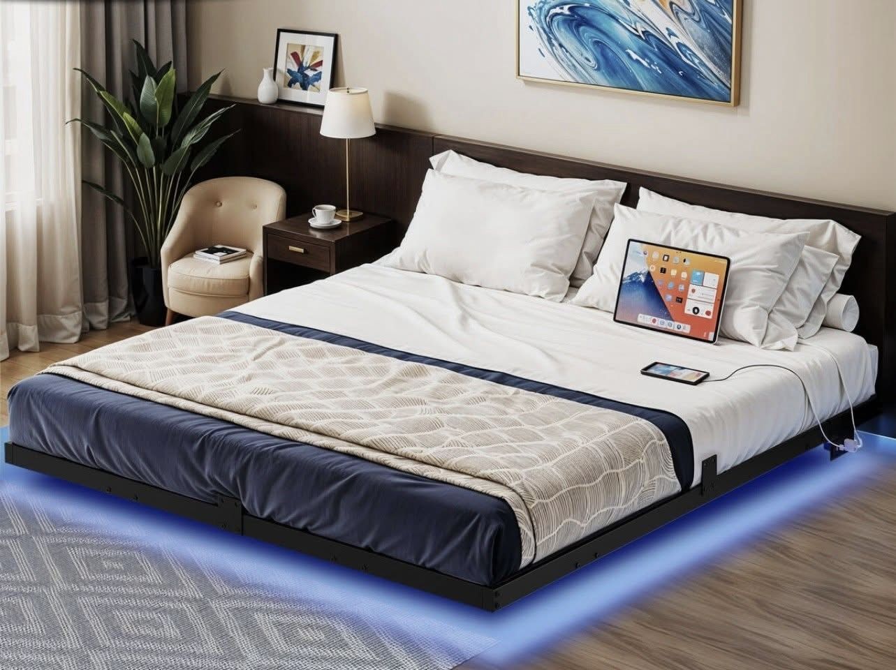 BED FRAME QUEEN SIZE WITH LED LIGHTING AND CHARGING STATION BRAND NEW IN BOX!!!