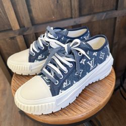 Authentic Louis Vuitton LV Squad Sneakers - Blue Monogram Denim - Size 38.5 (Like New)