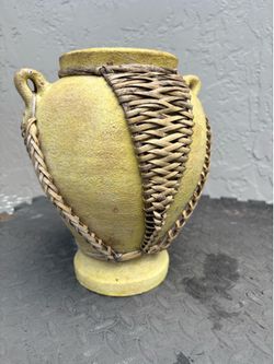 Rustic Terracotta Vase Woven Rattan Reed Wrap Double Handle Pottery Urn 10"