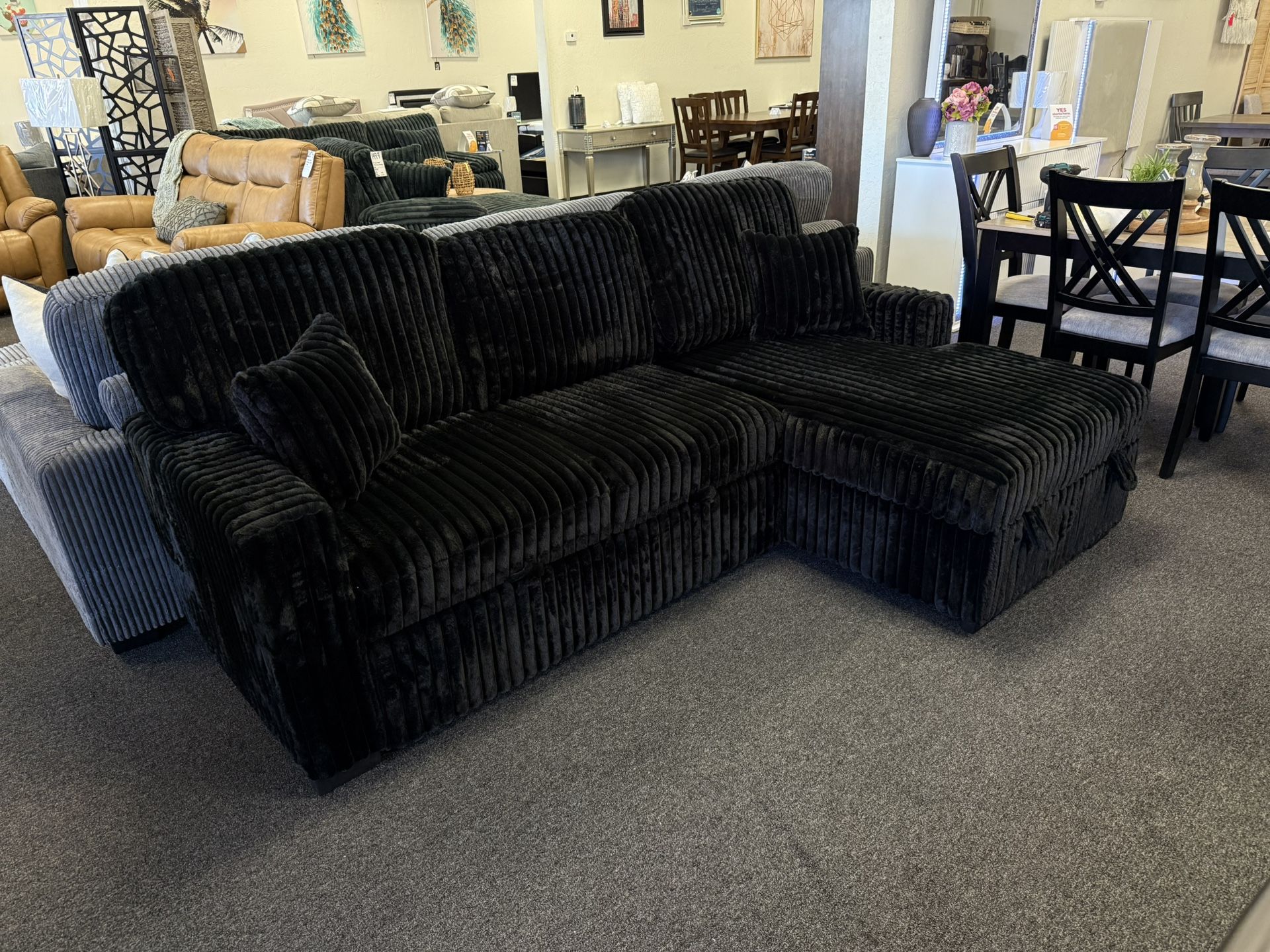 Black Corduroy Sleeper Sofa Bed With Reversible Storage Chaise And Drop Down