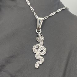 Solid 925 Sterling Silver CZ Black-Eye Snake Pendant + 2mm Singapore Chain (17”)