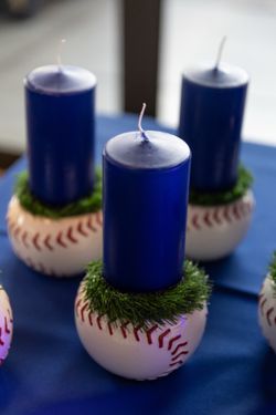 Decorative Centerpieces - Baseball Bowls, Candles And Fake Grass