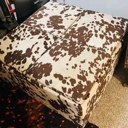 Cowhide Ottoman Storage with Reversible Tray