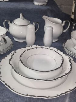 White Porcelain Dinnerware Set with Silver Trim