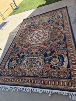Large Navy Blue Floral Area Rug with Fringe