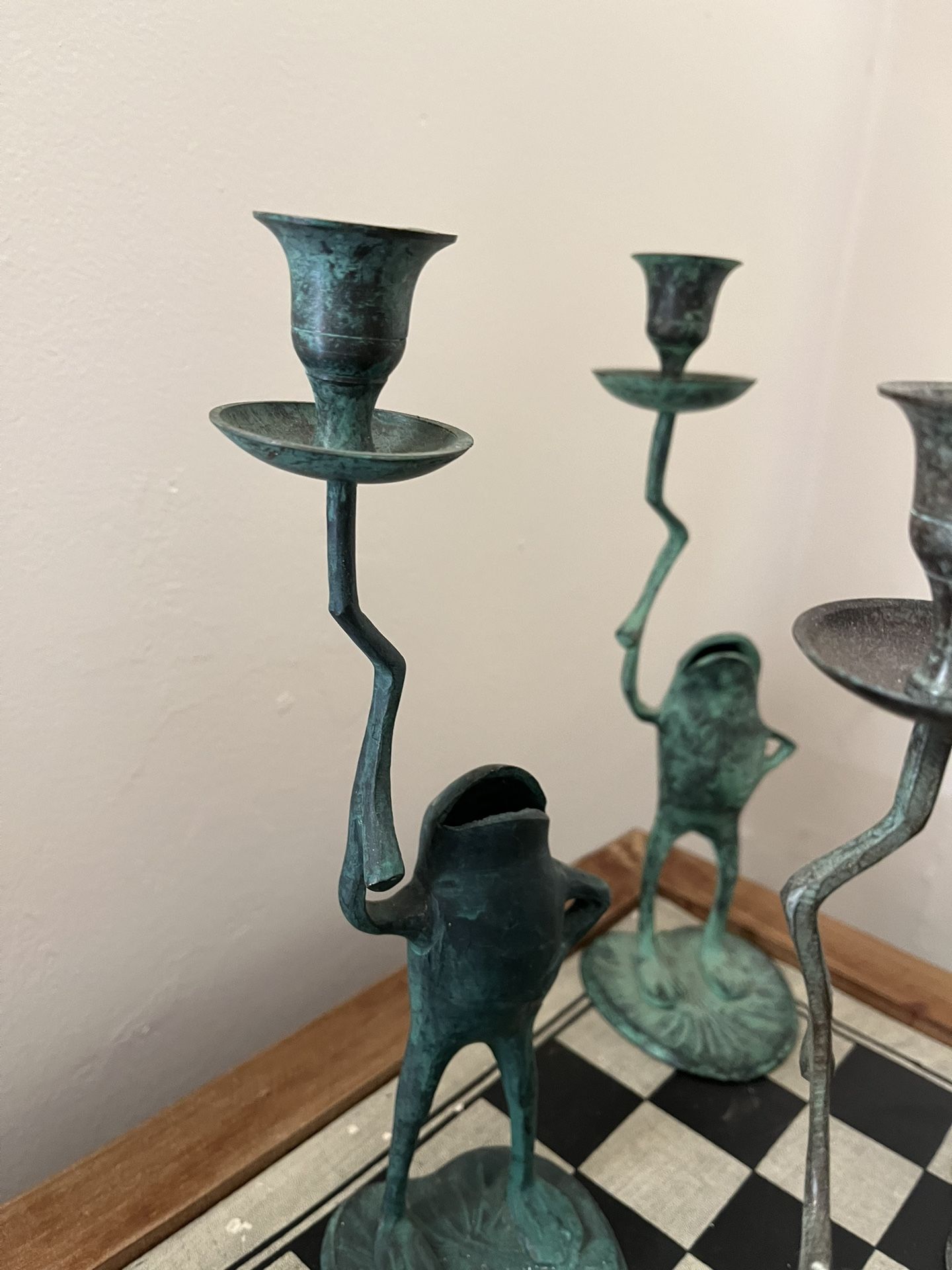 5 Brass Candle Holders Frogs on a Lily Pad