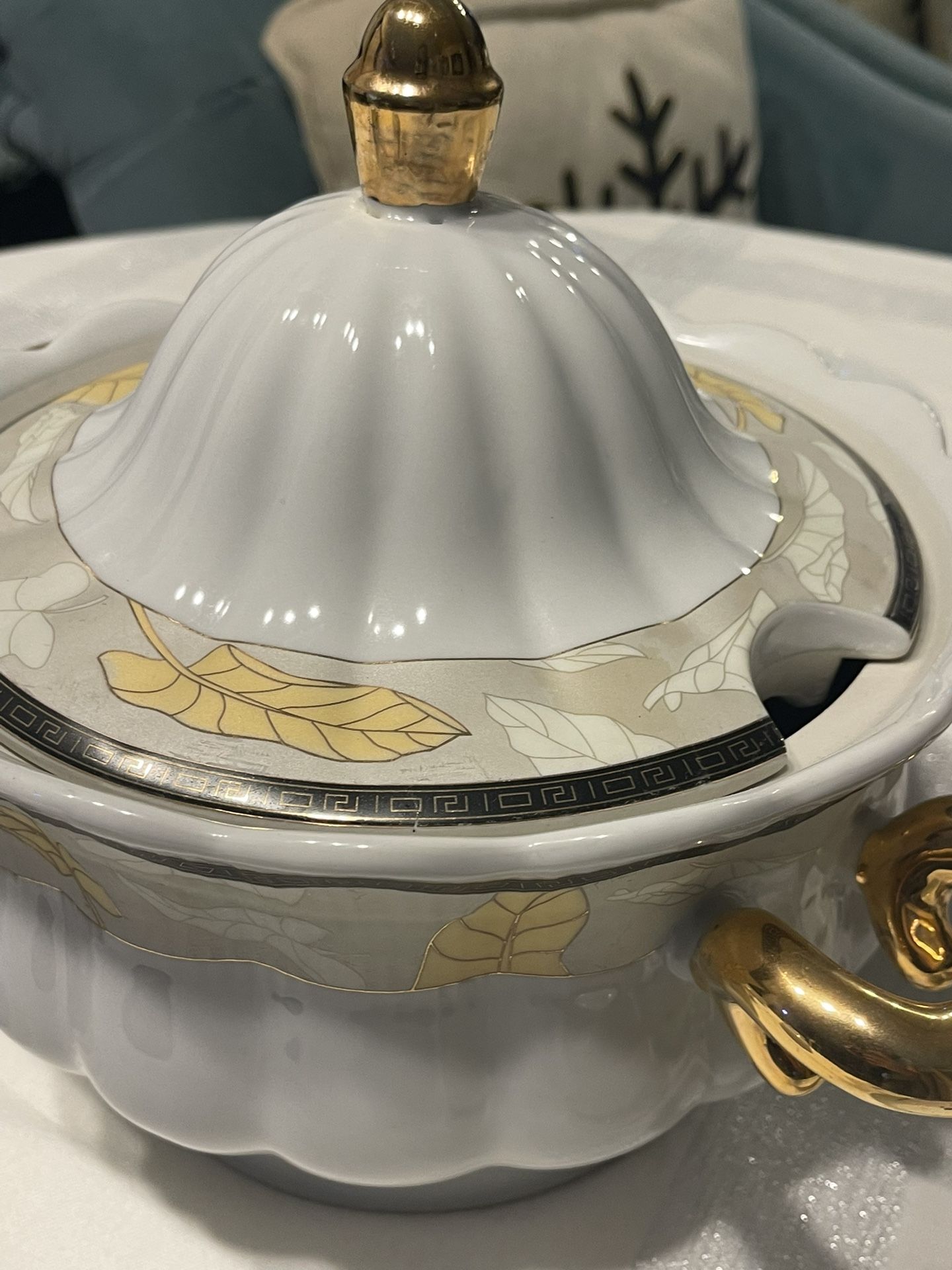 Thanksgiving Holiday Beautiful Large Gold And Gray Porcelain  Soup Lidded  Tureen With 11 Bowls