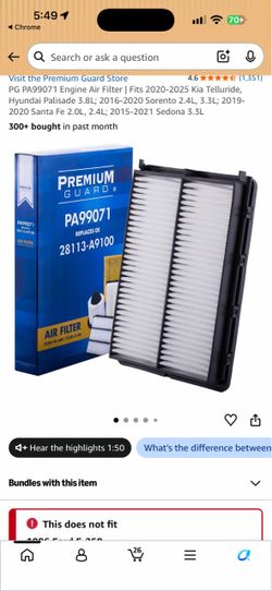 PG Engine Air FIlter PA99071 | Fits 2017-18 Hyundai Santa Fe Sport, 2019-20 Santa Fe, 2020-22 Palisade, 2015-21 Kia Sedona, 2020-22 Telluride (1-Pack