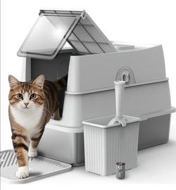 Stainless Steel Enclosed Cat Litter Box – XL with Lid, Scoop & Mat