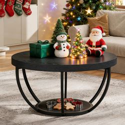 Black Round Coffee Table, 31.7" Modern 2-Tier Circle Coffee Table with Storage Shelves, Accent Cocktail Table Center Table for Living Room