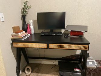 World Market Charcoal Wood and Rattan Desk with Drawers