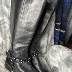 ‘Coach’ Black Mabel Leather Chain Buckle Knee High Riding Boots - Size 6B