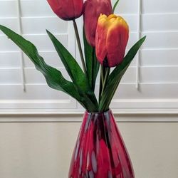 11" Red Glass Vase with Tulips