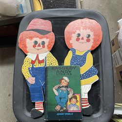 Raggedy Ann. And Andy Wood Wall Plaques With Vintage Book