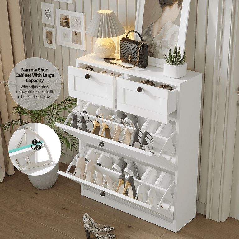White Shoe Cabinet with 2 Flip Drawers,Shoe Racks Storage Cabinet with 2 Drawers for Entryway