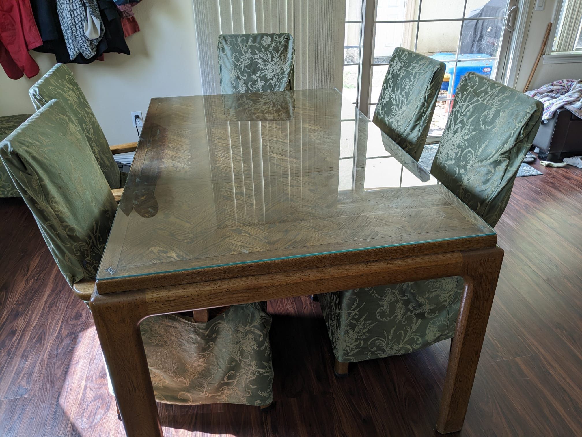 Wood Table With Glass Top & 6 Chairs 