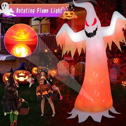 8FT Halloween Inflatables White Ghost with Rotating Flame Light Outside Scary Blow Up Yard Halloween inflatables Outdoor Decorations for Holiday Party