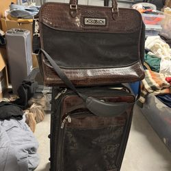 Brighton Black & Brown Croc Leather 22” Carry-on Luggage Suitcase + vintage overnighter bag