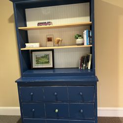 Blue Cabinet with Hutch Bead board back shelves 3 large drawers One piece 20.75 x 49 x 82.5h