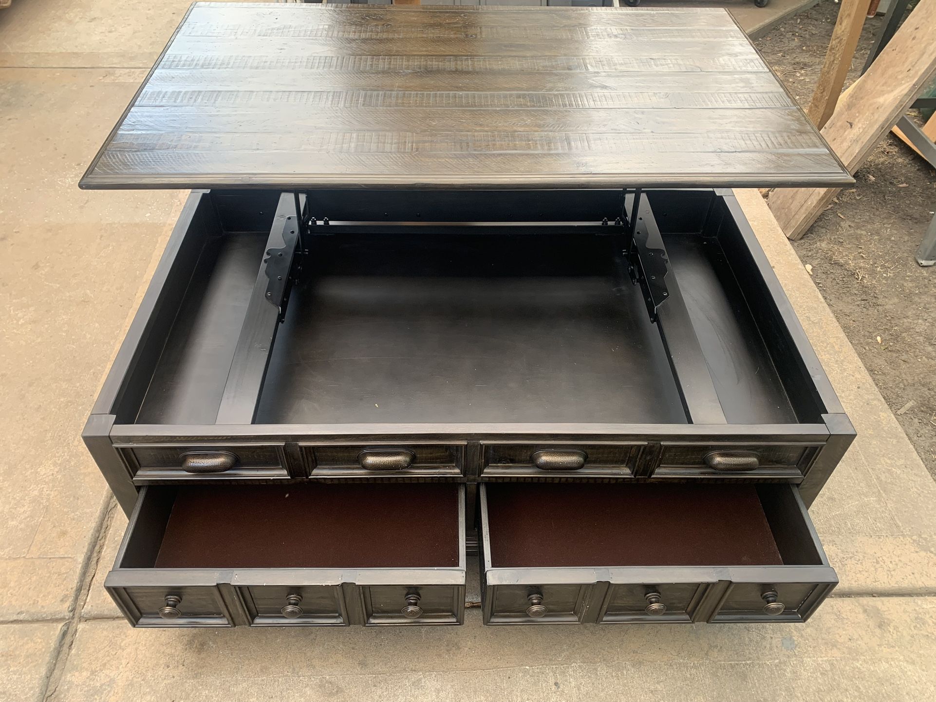 Lift top – Coffee table 2 drawers (open to both sides) Magnussen Storage Cocktail Table 50 W x 30 D x 19 H – Lifted up height 29