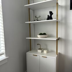 3 Tier White & Gold Ladder Shelf with Storage Cabine