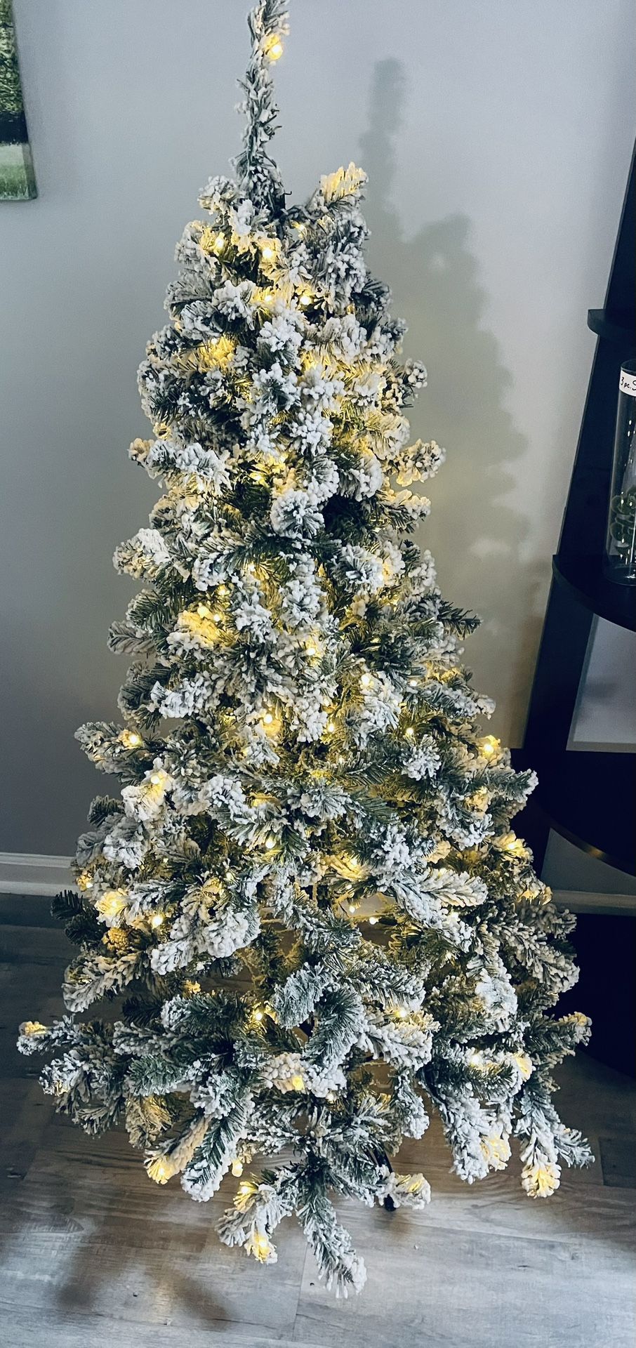 5 Foot Pre-Lit Flocked Christmas Tree $40