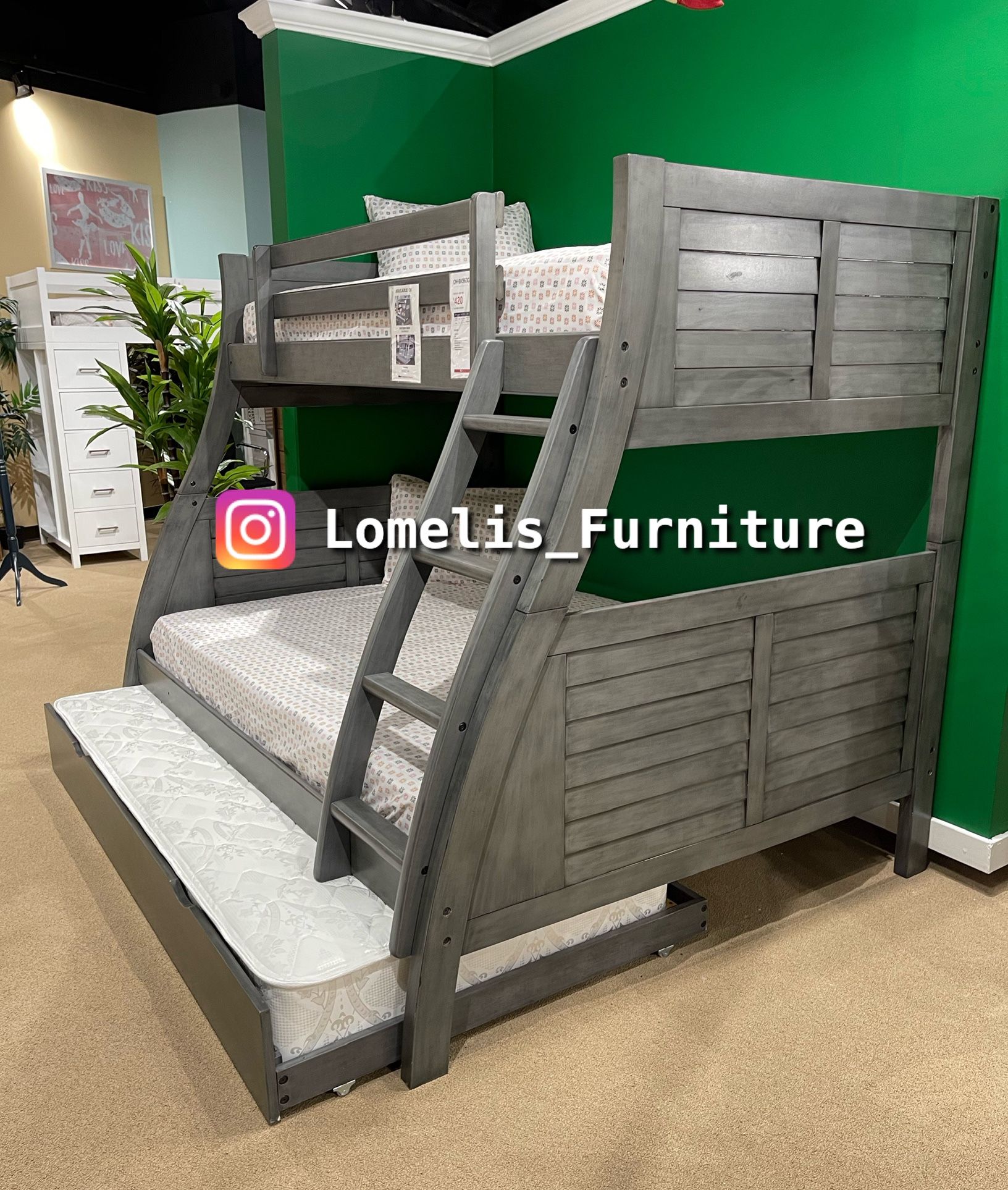 Twin/Full/Twin Gray Hoover Collection Bunk bed w. Orthopedic Mattresses Included