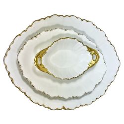 Antique O&EG Royal Austria Serving Platter Set Porcelain Scallop Edges Gold Trim