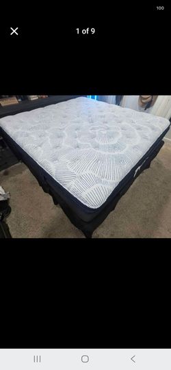 New King size mattress, bed frame, topper, and pillows