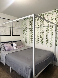 White Metal Four-Poster Canopy Bed Frame