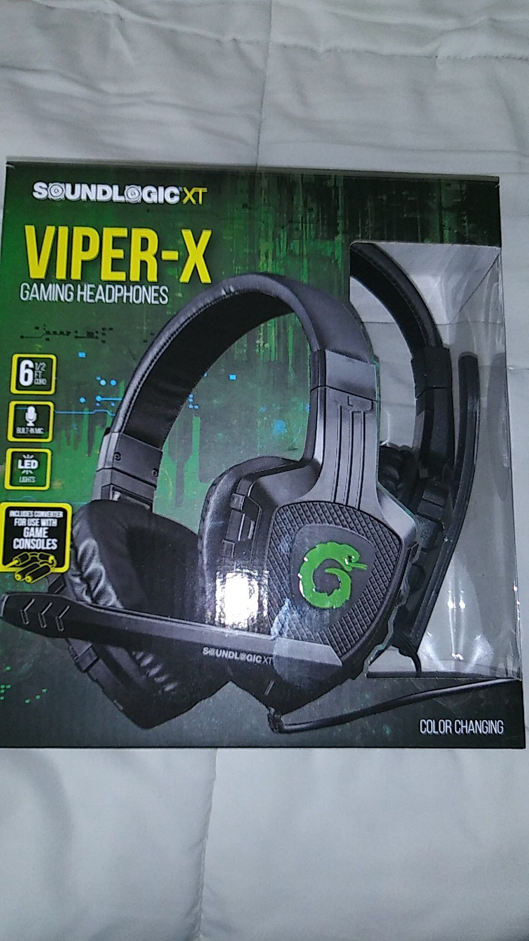 Viper X gaming headphones brand new in the box 6 1/2 foot cord built-in mic LED lights includes converter for gaming consoles