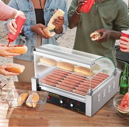 VEVOR Rotating Hot Dog Grill, Capacity for 30 Hot Dogs with 11 Grills, 1800W Stainless Steel Kitchen Heater with Cover and Dual Control