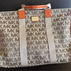 Michael Kors Logo Canvas Tote (Beige/Brown w/ Orange Trim)