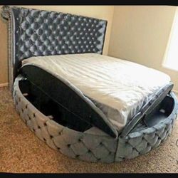 In Stock✅ Round Queen Size  Gray Velvet Bed With Storage 👍 Great Financing Available 💥