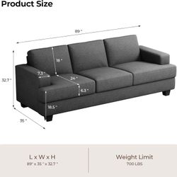 89in 3 Seater Sofa Couch Grey And Blue Pillows