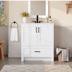 30 Inch White Shaker Bathroom Vanity Cabinet with Sink Countertop
