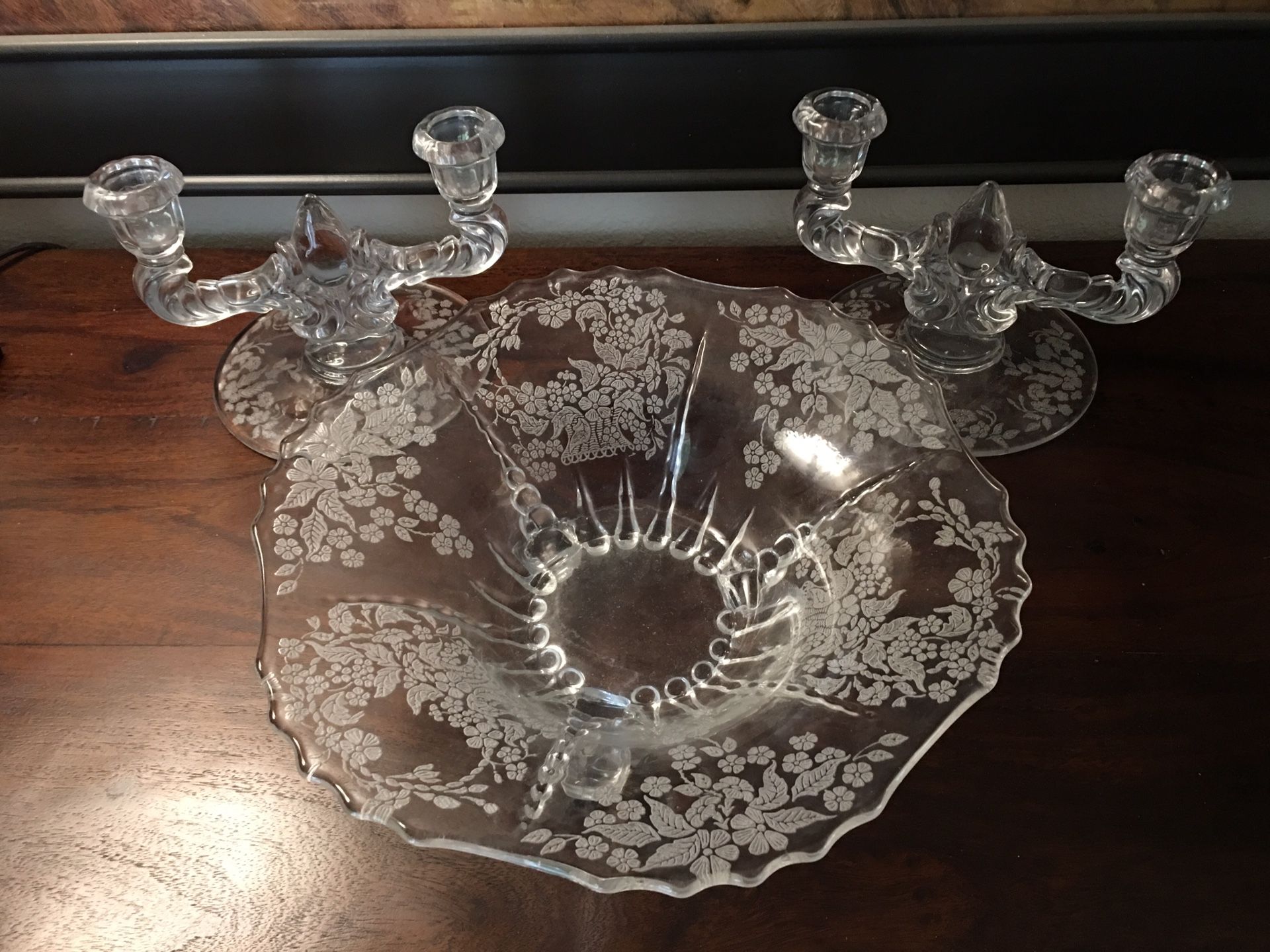 3pc set vintage glass footed bowl & candelabras