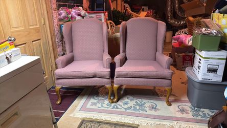 Pair of Pink Wingback Chairs with Queen Anne Legs