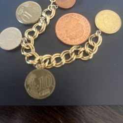Vintage Sterling Charm Bracelet With Euro Coins 