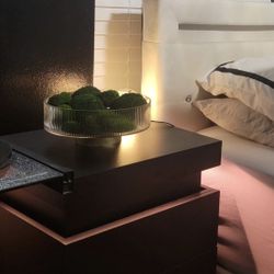 Set Of 2 Nightstands With LED Lights Charging Station And Sliding Top