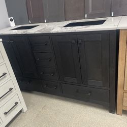 Bathroom vanity cabinet 60” solid mango Quartz top with sinks and backsplash 