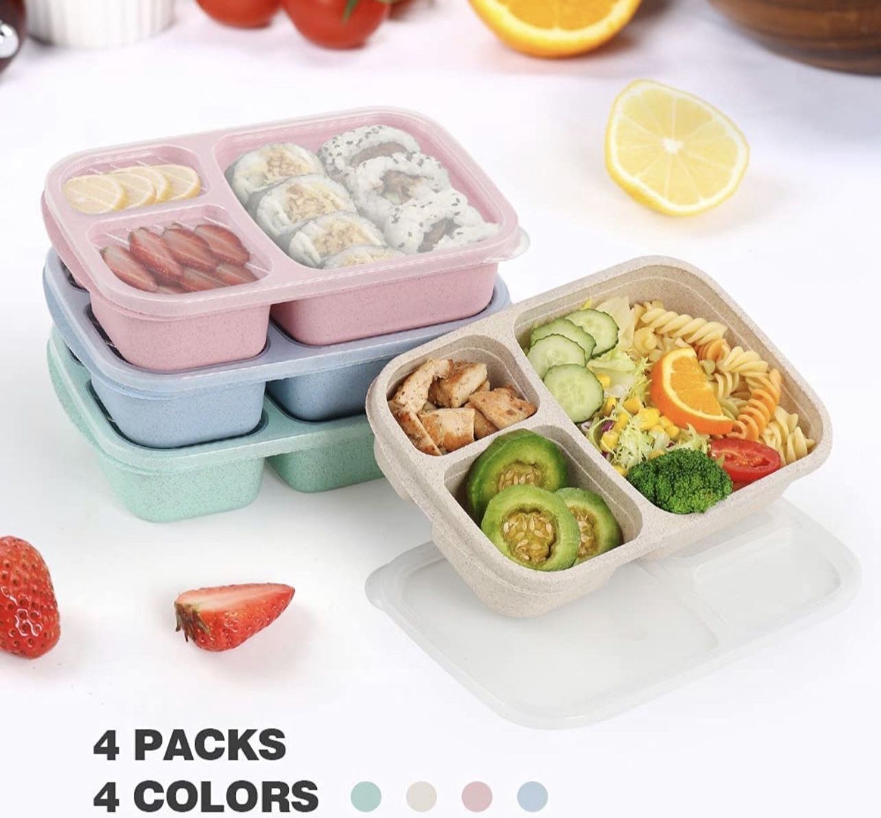 PUiKUS 4 Pack Bento Box Adult, Reusable Lunch Box for Kids