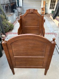 Vintage Solid Wood Toddler / Child Bed  with hook-on wood bed rails and side guard rails
