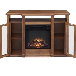 Electric Fireplace TV Stand, Fit up to 55" Flat Screen TV with Two Cabinet and Four Adjustable Tempered Glass Shelves Entertainment Center for Living 