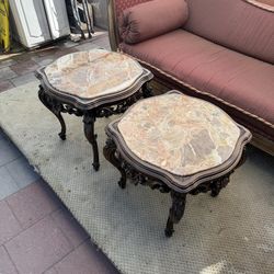 Delivery Is Available Vintage French Rococo Marble Top Side Tables Hand Carved Wood Matching Pair$490 OBO