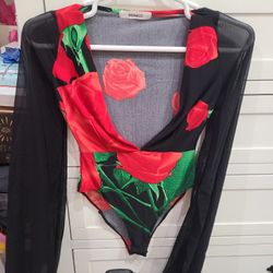 Red Rose Bodysuit. Long Sheer Black Sleeves