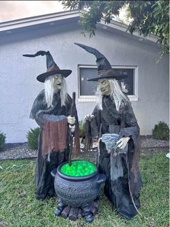 Animated Halloween Witch Figures with Cauldron