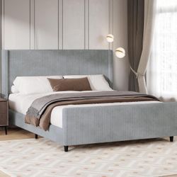 King Size Bed Frame with Hight Headboard and Footboard, Corduroy Upholstered Platform Bed Frame