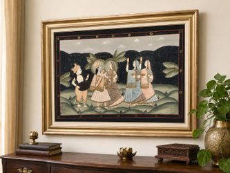 Large Framed Indian Folk Art Textile Painting – Krishna & Radha / Pichwai Style – 30x43